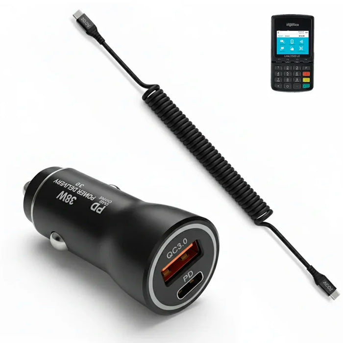 38W Fast Car Charger and USB-C Coiled Cable for Ingenico Link/2500 POS