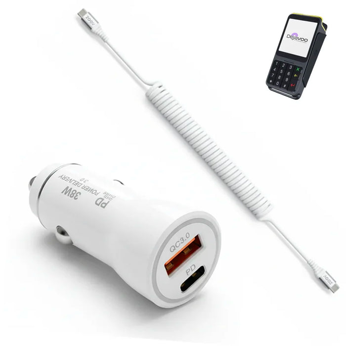 38W Fast Car Charger and USB-C Coiled Cable for Dejavoo P17 POS Terminal