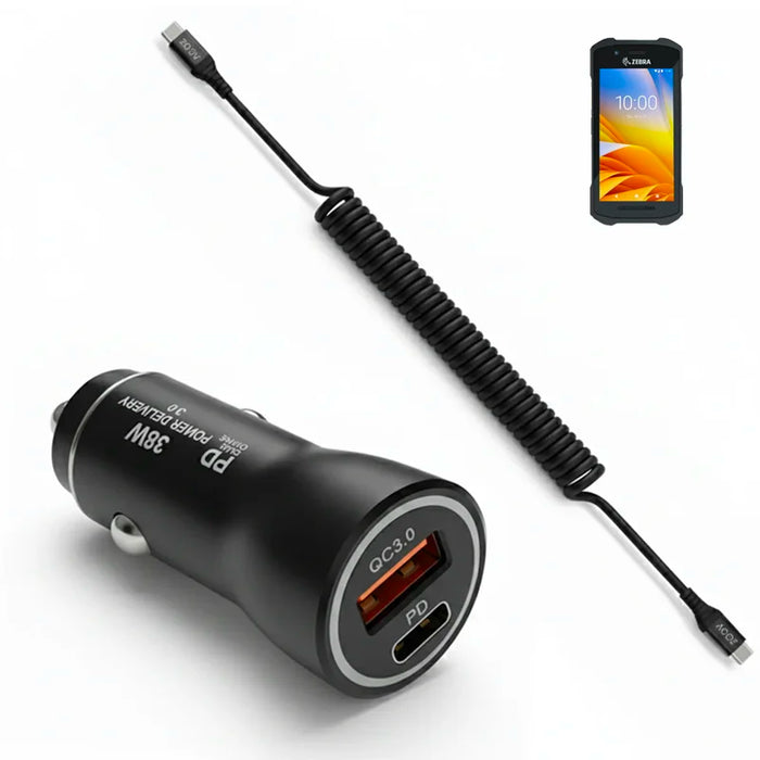 38W Fast Car Charger and USB-C Coiled Cable for Zebra TC21 Handheld