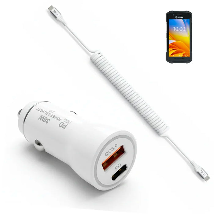 38W Fast Car Charger and USB-C Coiled Cable for Zebra TC22 Handheld