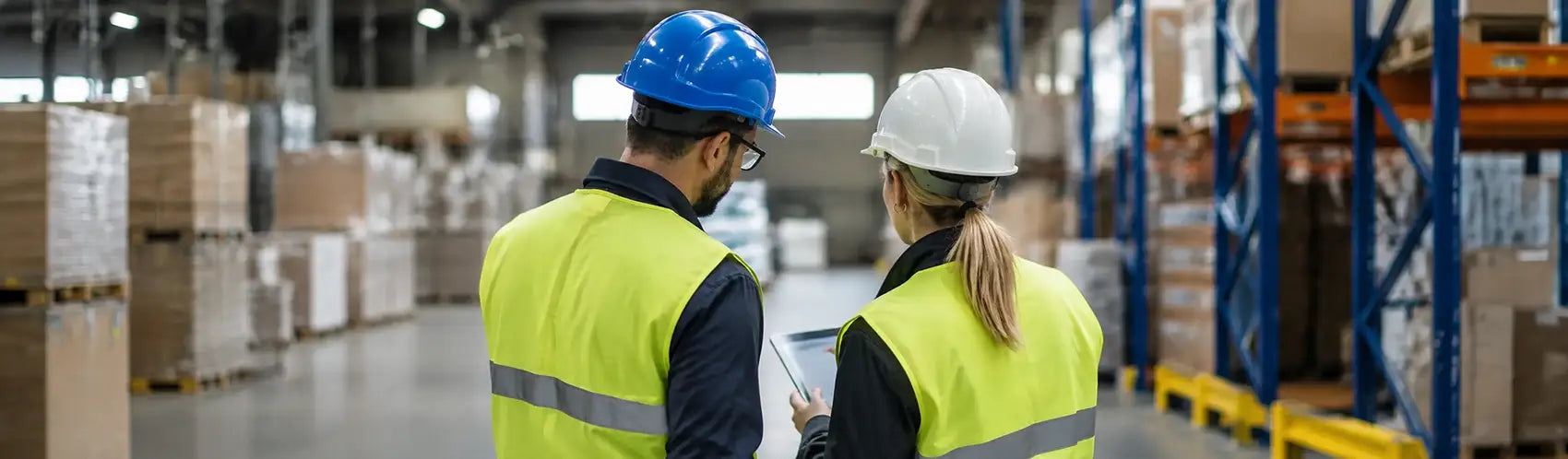 Two warehouse professionals wearing high-visibility safety vests and hard hats review information on a tablet while standing in a modern distribution center with pallet racks and stacked inventory in the background.