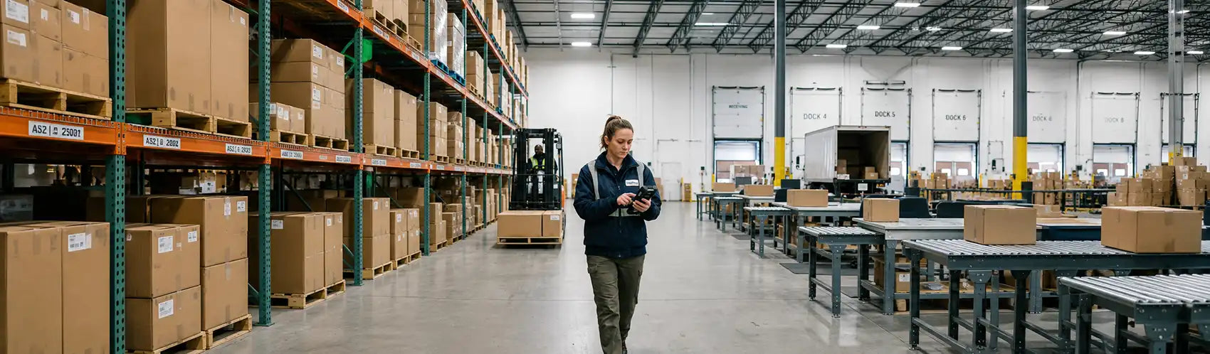 Warehouse employee using a mobile computer during inventory operations in a large distribution center with loading docks and conveyor workstations.