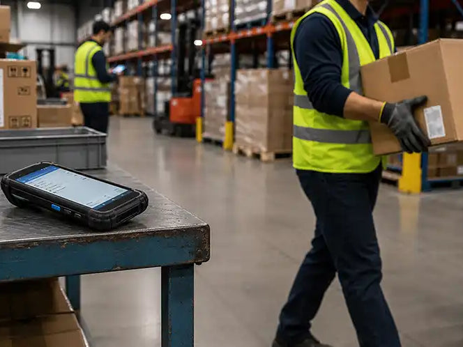 Unsecured rugged mobile computer left near the edge of a warehouse workbench as an employee carries a shipping box nearby.
