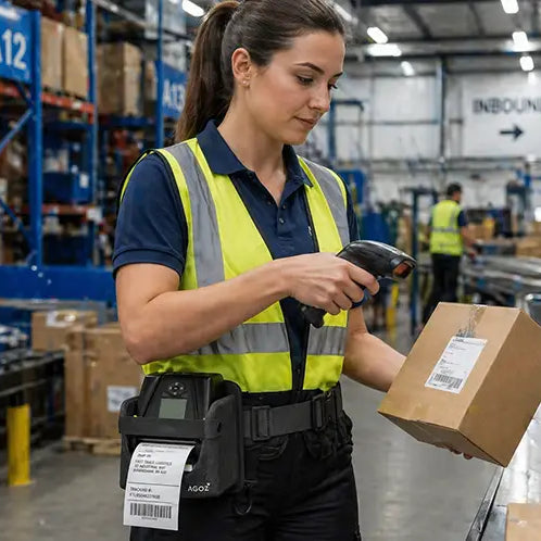 Logistics worker wearing an Agoz mobile printer waist belt while scanning a package in a warehouse fulfillment center.