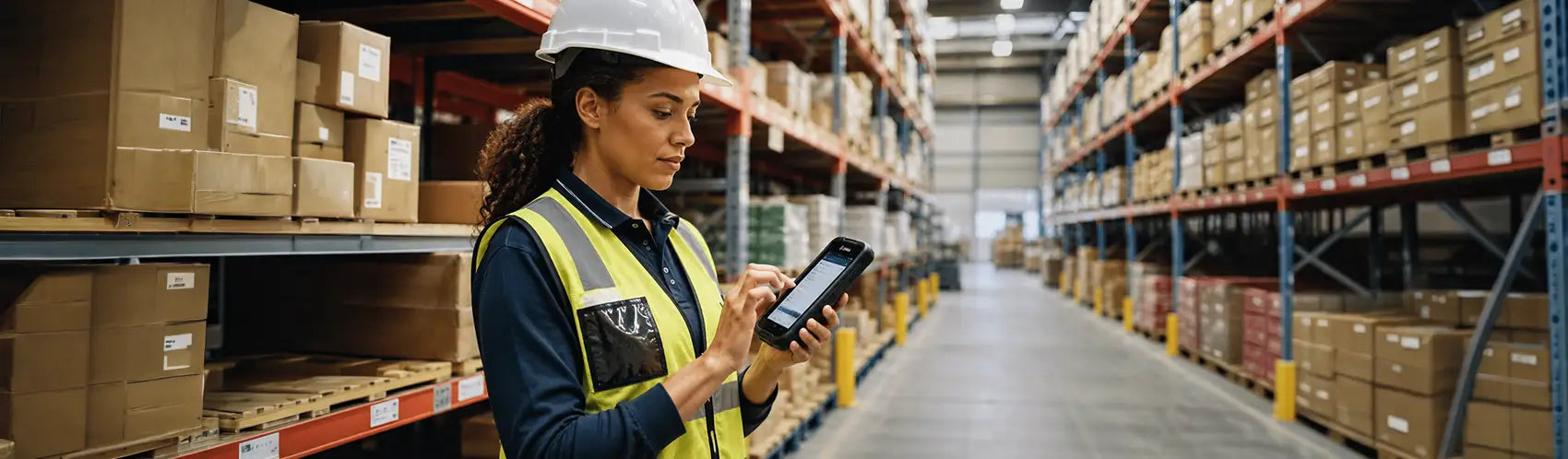 Warehouse worker using a Zebra TC7x handheld computer to manage inventory in a warehouse aisle.
