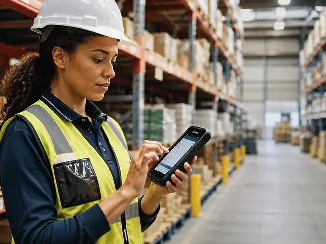 Warehouse worker using a Zebra TC7x handheld computer to manage inventory in a warehouse aisle.