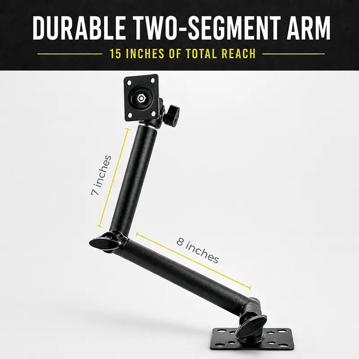 Durable two-segment arm mount showing 15 inches of total reach with 7-inch and 8-inch sections