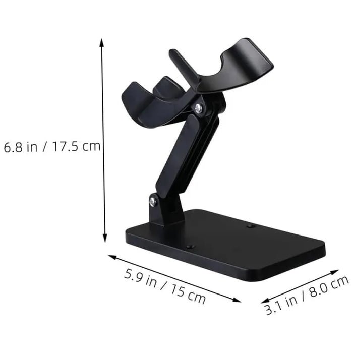 Black barcode scanner stand with measurement callouts showing height, base length, and base width.