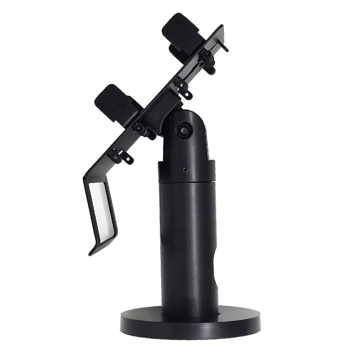 Side view of black AgozTech swivel stand showing angled backplate and adjustable POS terminal holder