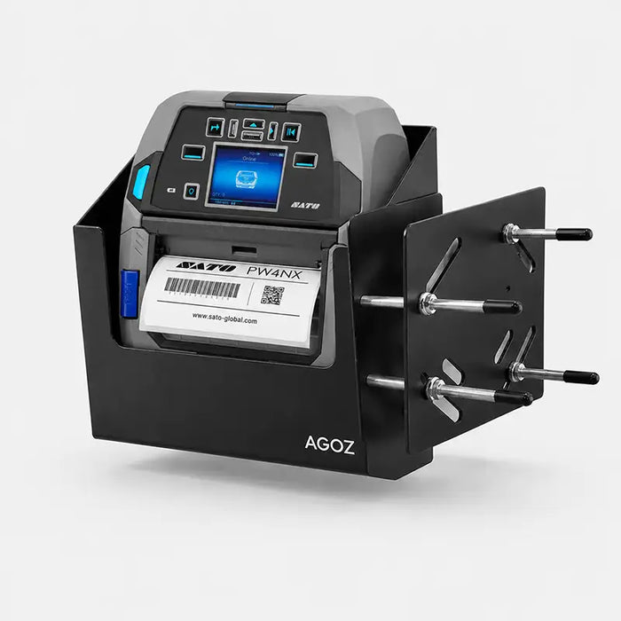 SATO mobile printer secured in an AgozTech metal forklift holder mount with adjustable bracket hardware.