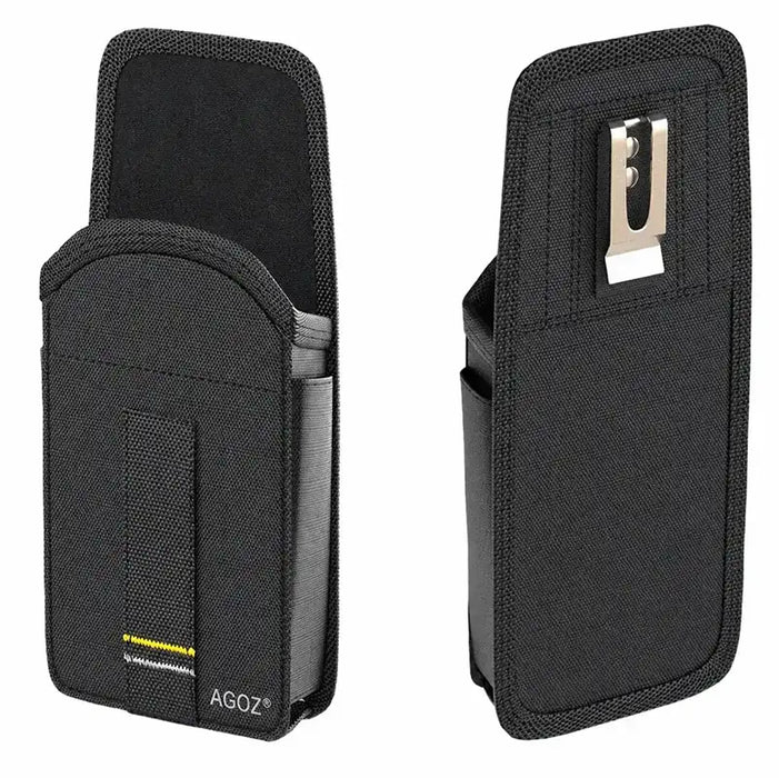 Front and rear views of the black Agoz holster showing the open pouch and metal belt clip