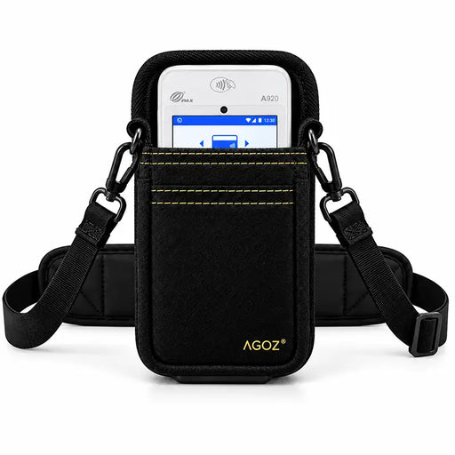 Black Agoz PAX POS payment terminal holster with adjustable crossbody shoulder sling and detachable metal clips.