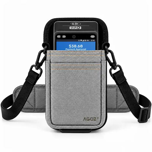 Gray AGOZ Shift4 SkyTab POS terminal holster with black adjustable crossbody shoulder sling, padded strap, and front pocket.