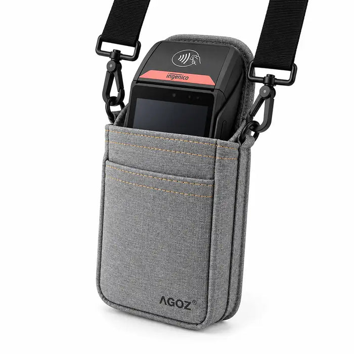 Ingenico POS payment terminal secured in an Agoz gray holster with adjustable crossbody shoulder strap.