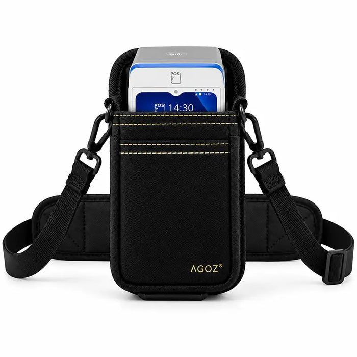 myPOS terminal secured in an Agoz black carrying holster with adjustable shoulder strap and padded waist belt.