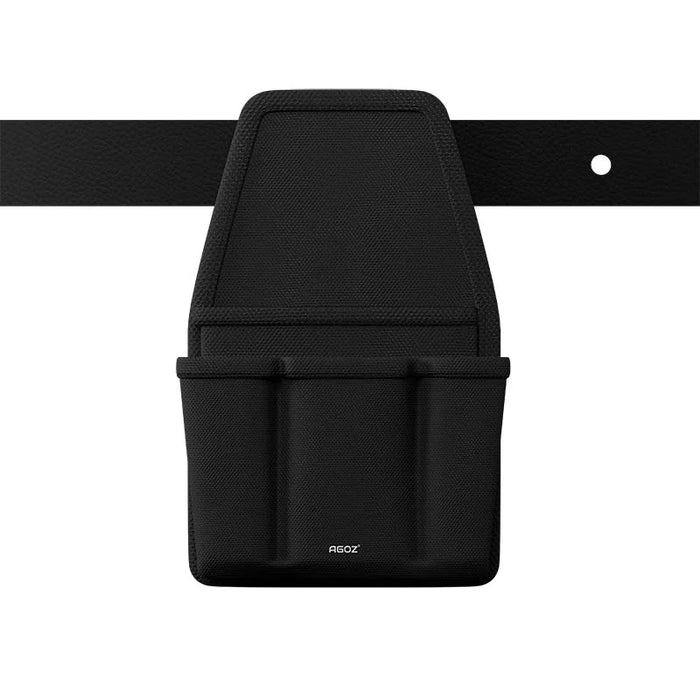 Front view of empty black Agoz utility tool pouch with three storage pockets and a belt attachment strap against a white background.