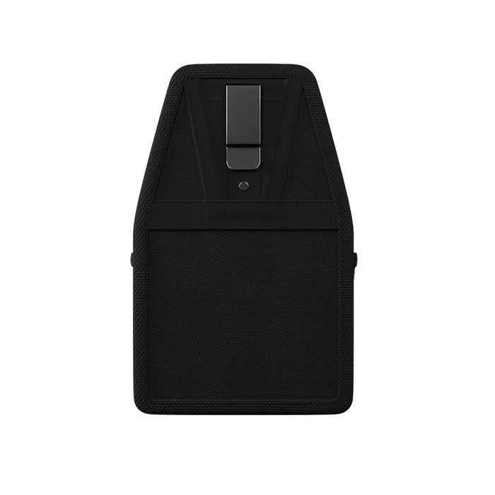Rear view of black Agoz utility tool pouch showing the metal belt clip, reinforced backing, and durable fabric construction.