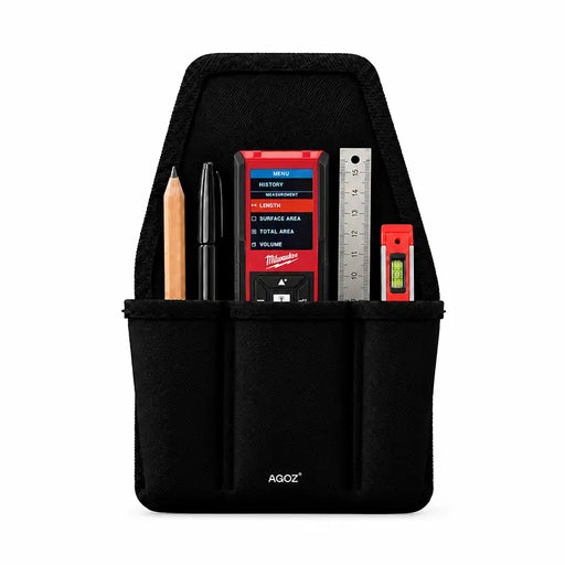 Front view of black Agoz utility tool pouch holding a Milwaukee laser distance meter, pencil, pen, metal ruler, and mini level in separate storage pockets.