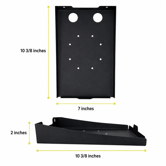 Dimension diagram of the Zebra ZD621 printer shelf measuring 7 inches wide, 10 3/8 inches deep, and 2 inches high.
