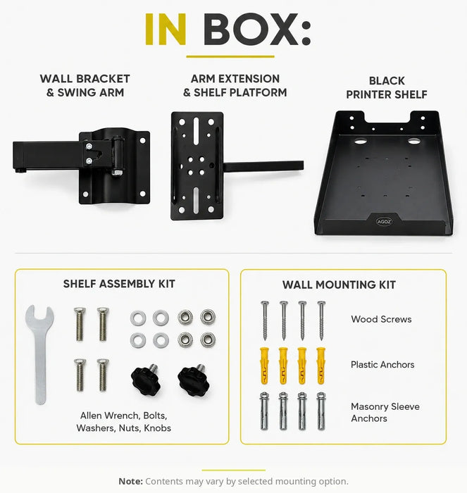Agoz Zebra ZD621 printer shelf package contents with wall bracket, swing arm, platform, hardware, and mounting anchors.