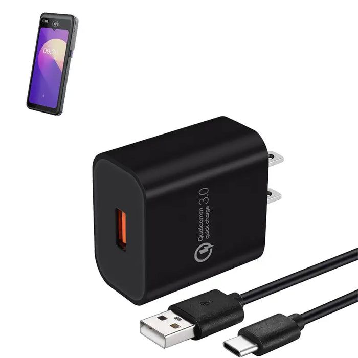 Black Quick Charge 3.0 wall charger with USB-A to USB-C charging cable for iMin POS terminals, featuring a compact plug-in design.