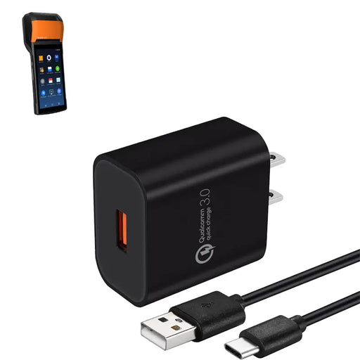 Black wall charger with USB-C cable for Sunmi handheld payment terminal