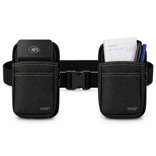 A black waist bag with two front pockets and a central buckle strap, shown on a white background. The left pocket holds a black Adyen POS terminal with , and the right pocket contains a order pad and pens.