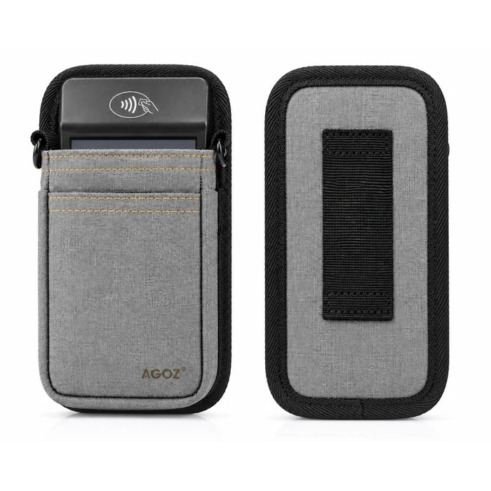 Two views of a gray and black fabric card holder Adyen POS terminal case with a front card slot and hook-and-loop closure, shown on a white background.