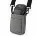 A gray heathered fabric pouch with a black adjustable strap and clips, holding a black Adyen handheld payment terminal. The pouch features a front pocket with contrast stitching and the brand name AGOZ printed near the bottom.