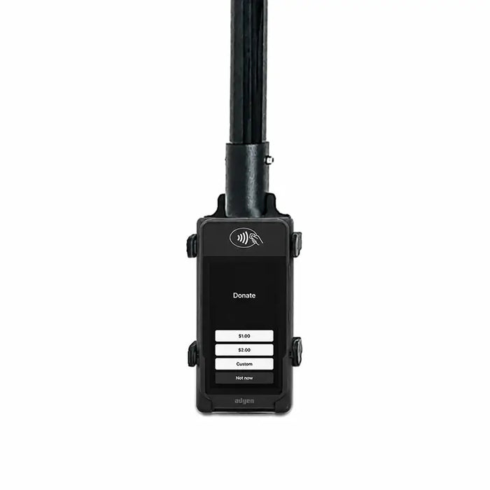 Close-up of Adyen payment terminal secured in AgozTech drive thru handheld mount