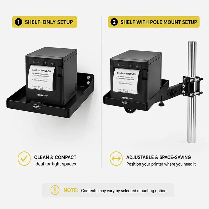 Comparison of the Agoz Bixolon printer tray used alone or with an adjustable pole-mount swing arm.