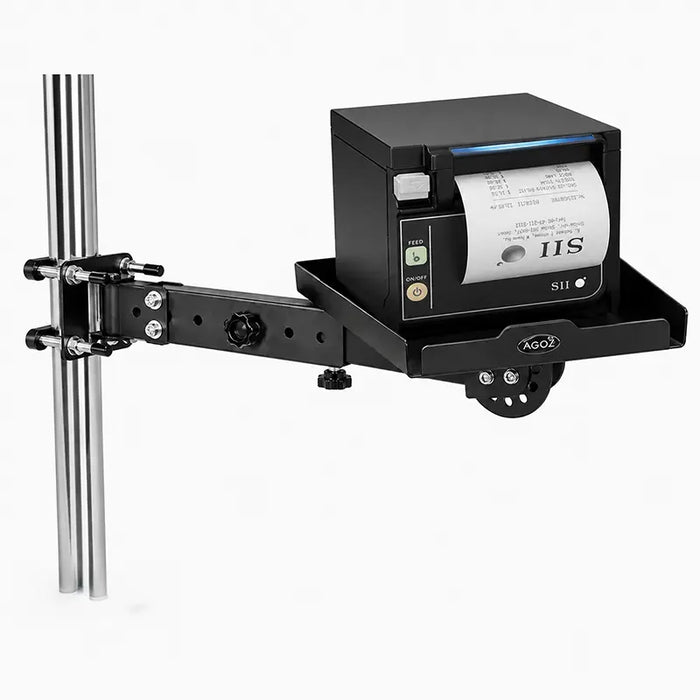 Seiko SII printer secured on an Agoz adjustable pole-mount shelf for facility service and administrative labeling stations.