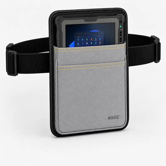 Gray Getac tablet waist belt case with rugged tablet seated in pouch for hands-free operations