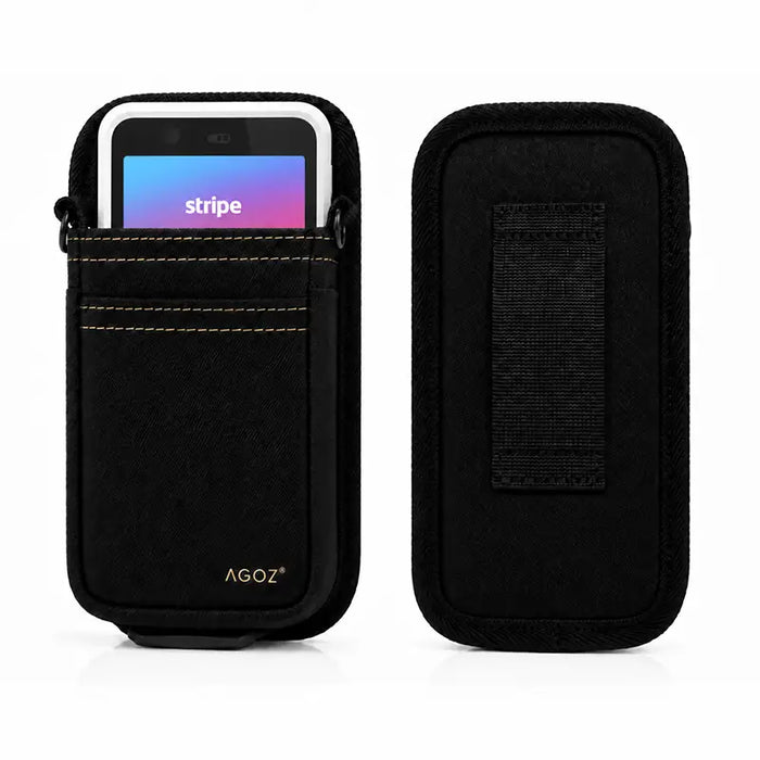 Front and back views of gray Agoz Stripe Reader crossbody holster with rear belt loop