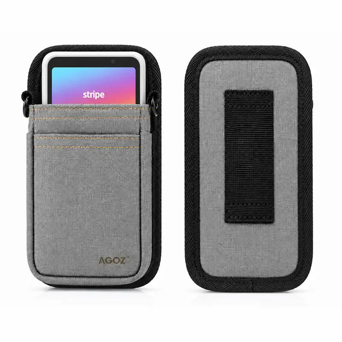 Front and back views of black Agoz Stripe Reader crossbody holster with rear belt loop