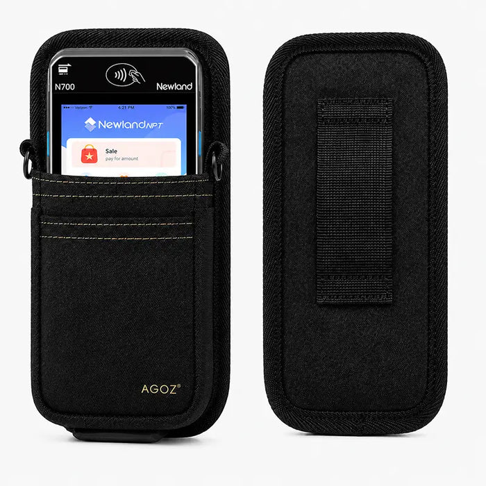 AgozTech black crossbody sling holster for Newland POS terminals shown with front pocket and rear belt loop panel.