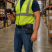 Datalogic handheld case with belt clip worn by a warehouse worker carrying a mobile computer during logistics and inventory tasks.