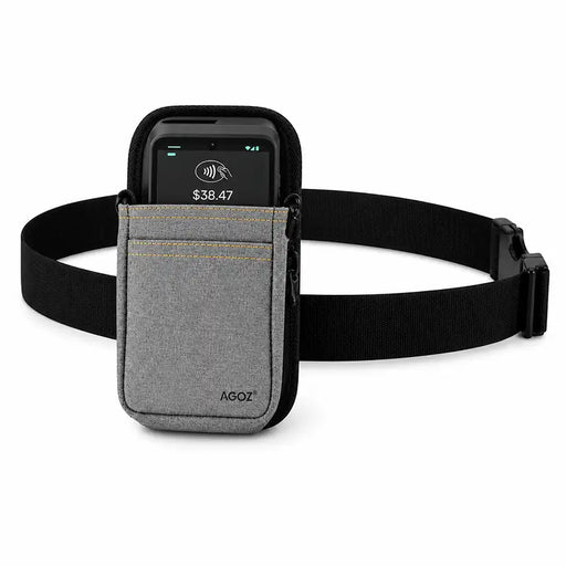 Gray Agoz Verifone POS holster with adjustable black waist belt, secure buckle closure, and front accessory pocket.
