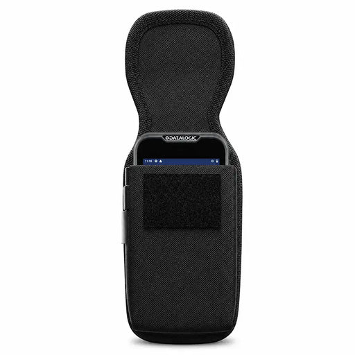Black Datalogic handheld scanner secured in a rugged AgozTech case with front hook-and-loop patch, shown on a clean white background.