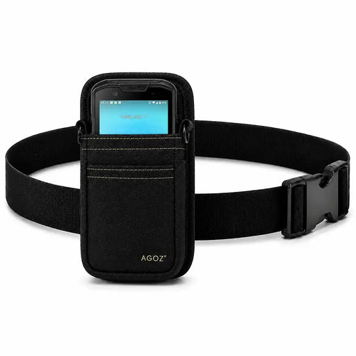 Black Unitech waist belt pouch shown with a compact Unitech scanner secured in the front pocket and an adjustable belt strap for hands-free carry.