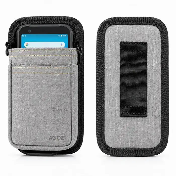 Gray Agoz shoulder sling case shown with an Almex mobile computer inserted, alongside rear view with black trim and vertical belt loop panel.