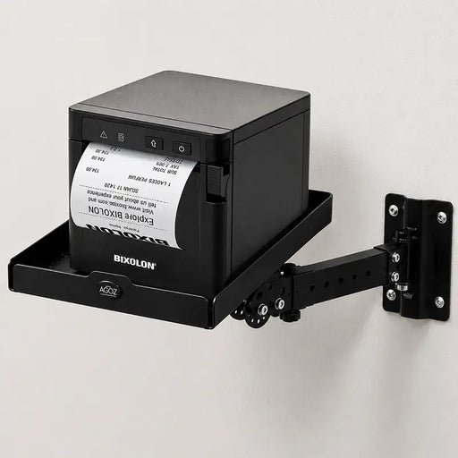 AgozTech Bixolon receipt printer tray with black stainless steel shelf and industrial wall mount swing arm