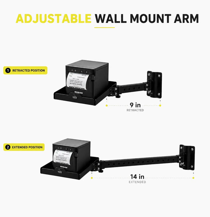 AgozTech adjustable wall mount arm for Bixolon receipt printer tray shown retracted and extended