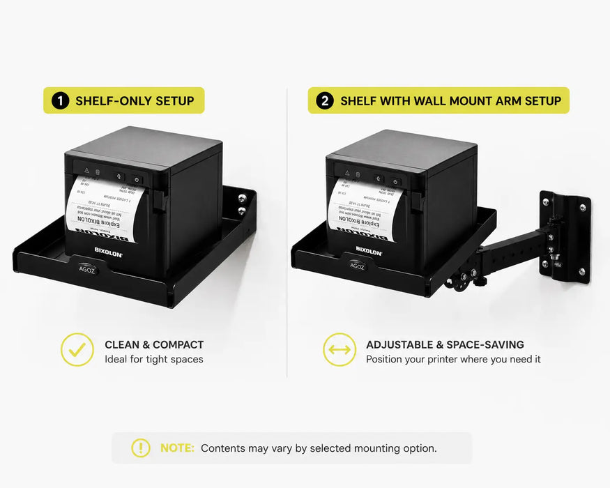 AgozTech Bixolon receipt printer tray shown in shelf-only and wall mount arm setup options