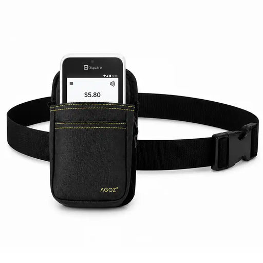 Agoz black Square POS terminal holster with yellow stitching and adjustable nylon waist belt featuring a quick-release buckle.