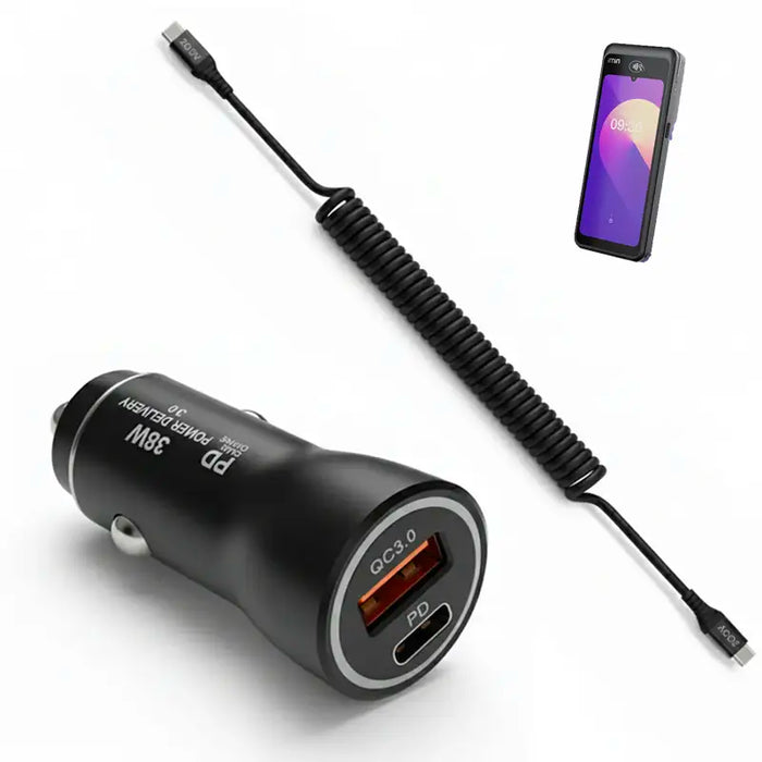 Black 38W iMin POS terminal car charger with dual USB-A and USB-C ports and black coiled USB-C charging cable.