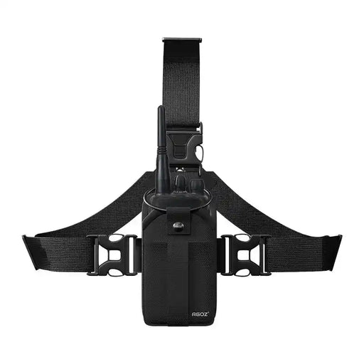 Chest harness pouch for L3Harris two-way radio with front-facing radio holder and adjustable black straps