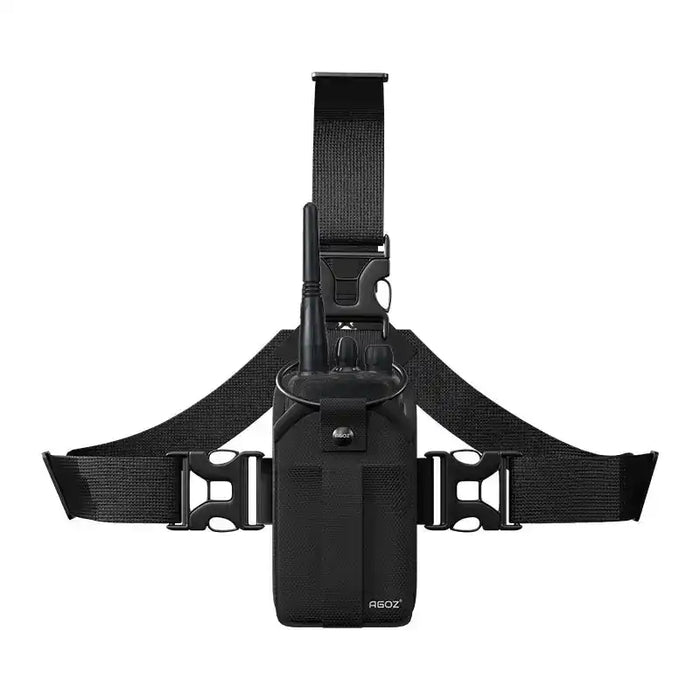 Chest harness pouch for Midland two-way radio with front-facing radio holder and adjustable black straps