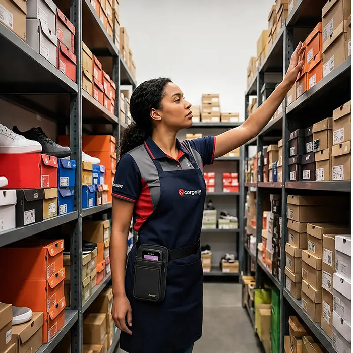 Janam mobile computer waist belt holster worn by retail stockroom employee during shelf inventory workflow