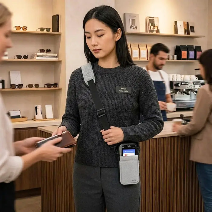 Service associate wearing an AgozTech gray crossbody sling holster with Newland POS terminal in a hospitality retail environment.